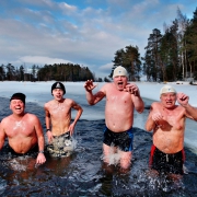 Vier Männer springen ins Eiswasser.